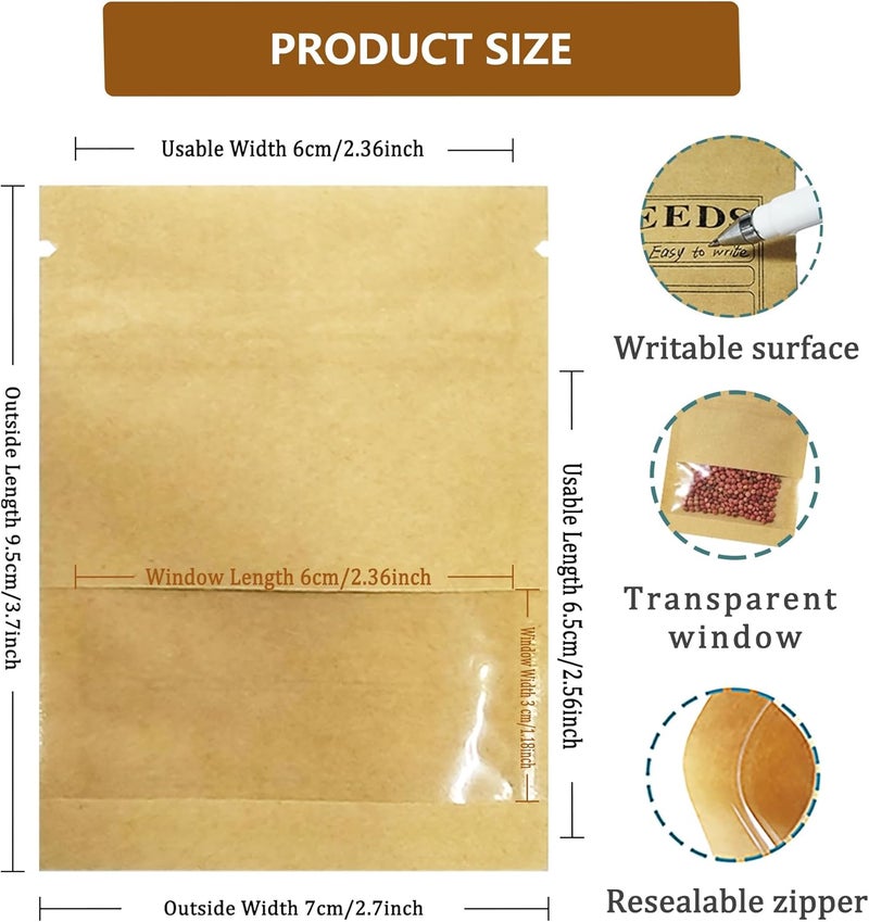 MITOB 200 Pack Clear Window Small Resealable Seeds Packets Coin Envelopes 2.75x3.74 inch Brown Kraft Paper Sample Bag with Preprinted Seed Collecting Template for Seed Storage Organizer - Image 2